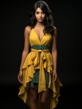 one young latin woman wearing a yellow dress on dark background, posing in a studio as mockup 