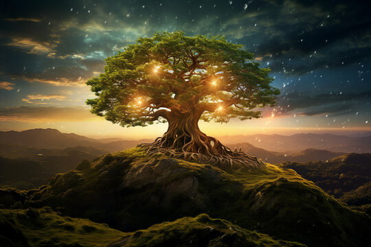 Generative ai collage photo of beautiful landscape old magic glitter tree in mystical hill woods