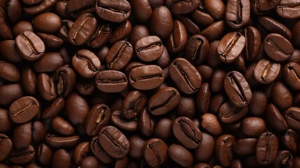 Fototapeta premium A close-up photo of roasted coffee beans. Macro top view photo of coffee beans. Background image. Flat lay of fresh coffe bean. Food pattern. Coffe love.
