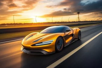 Fototapeten Image generative ai powerful acceleration of futuristic sports supercar on neon night highway track with colorful lights and trails © Tetiana
