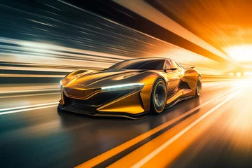 Zelfklevend Fotobehang Image generative ai powerful acceleration of futuristic sports supercar on neon night highway track with colorful lights and trails © Tetiana