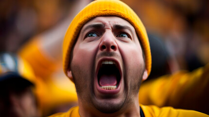 Crazy excited screaming football male fan supports cheers national team in live soccer match at stadium. Man's emotions. Sports championship. Goal scored.