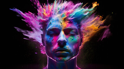 Male Head Portrait on Black Background with Color Explosion: Creativity and Emotion Concept