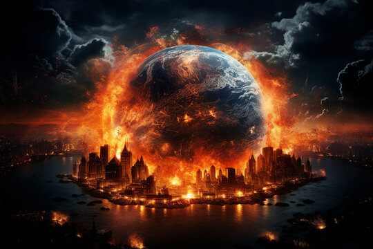 Generative ai colage image picture of burning earth destroying by ecological catastrophe wars battle nuclear bomb