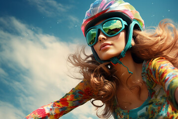 Generative ai collage of woman wear helmet protective gear goggles ride fast bicycle scooter travel outside