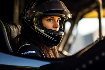 Zelfklevend Fotobehang Generative AI digital portrait of a professional sports car racer in a helmet driving auto on the track © Tetiana