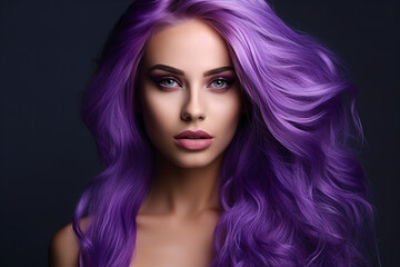 Fototapeta premium Generative AI portrait of natural beauty woman model showing flattering bright violet dyed hairstyle
