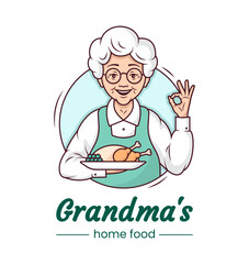 Grandmas cooking cafe logo, cute character cartoon design. Cheerful grandmother with a plate of appetising homemade food. Template. Vector line illustration