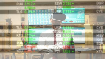 Investor using virtual reality goggles to analyze financial charts, data, and trading statistics. Businessman examining sales and stock market trends to come up with investment insights