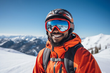 Fototapeta na wymiar Generative AI photography of happy man wear sunglasses spending weekend at ski resort winter holiday concept