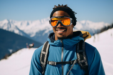 Generative AI photography of happy man wear sunglasses spending weekend at ski resort winter holiday concept