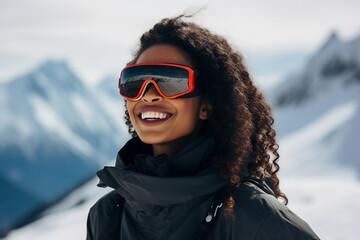 Fototapeta na wymiar Generative AI photography of happy girl wear sunglasses spending weekend at ski resort winter holiday concept