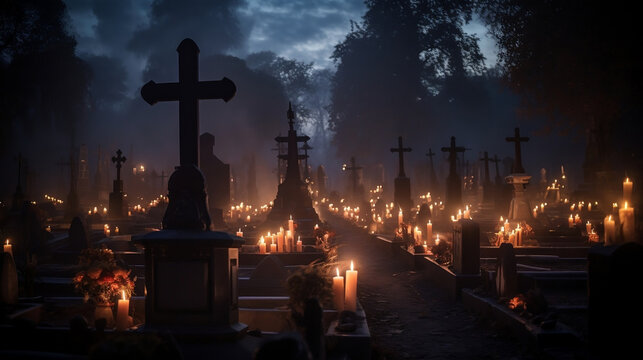 Wszystkich Świętych. Cmentarz, groby i znicze nocą  1 listopada