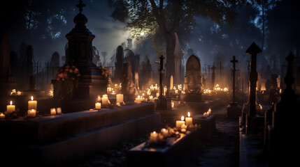 Dzień Zaduszny, święto zmarłych. Cmentarz, pomniki ozdobione zniczami i kwiatami. Noc na cmentarzu 2 listopada