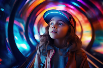 Zoom blur of an child rear view carrying a backpack going into a vivid colorful tunnel. Traveling through time image.