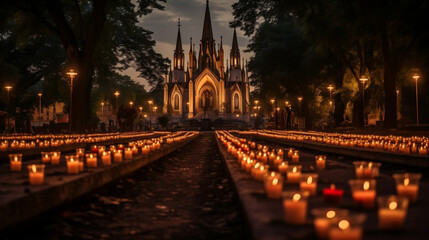 Cmentarz oświetlony zniczami na nagrobkach zmarłych w noc Wszystkich Świętych. W tyle katedra katolicka.