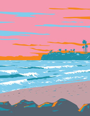 WPA poster art of surf beach at Tourmaline Surfing Park in North Pacific Beach, San Diego, California, United States of America USA done in works project administration.
- 638139315