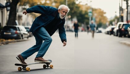 Very old man skateboarding fast in city streets, extreme sports funny concept - obrazy, fototapety, plakaty