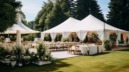 Ślub w plenerze - białe namioty na przyjecie weselne wraz z zastawionymi i udekorowanymi stołami w ogrodzie wśród drzew i kwiatów - obrazy, fototapety, plakaty