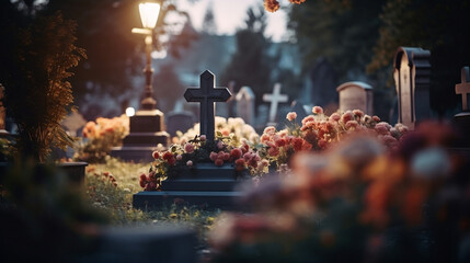 Pomnik z krzyżem udekorowany kwiatami na cmentarzu katolickim