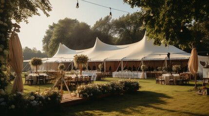 Pięknie udekorowany ogród pod wesele / ślub. Białe namioty weselne z zastawionymi stołami...