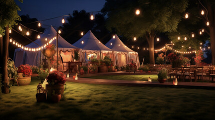 Wesele w ogrodzie - ślub pod namiotami wśród natury wieczorem, nocą oświetlony girlandami i...