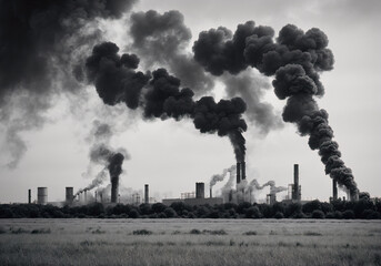 Factory polluting the environment, ecology concept. Generative AI.