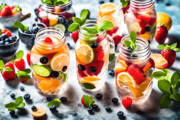 Fototapeta na wymiar delicious fruit salad in jar on table