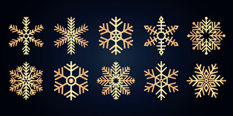 Snowflake collection. Golden silhouette. Vector on a blue background
