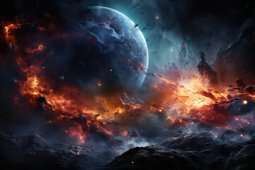 Fototapeta premium A dazzling reality filled with incredible details, offering an experience of observing space and galaxies from a planetary vantage point, encompassing nebulas, diverse planets, and light reflections