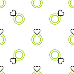 Line Wedding rings icon isolated seamless pattern on white background. Bride and groom jewelry sign. Marriage symbol. Diamond ring. Vector