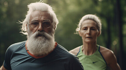 This close-up portrait beautifully captures the spirit of an elderly couple as they jog together through a peaceful park, showcasing their enduring companionship.