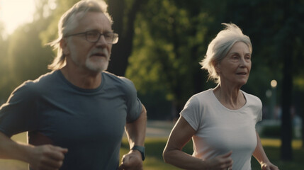 A heartwarming close-up portrait of an elderly couple jogging at a leisurely pace through a serene park, their bond evident in every step.