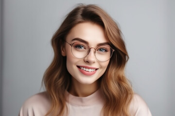 A captivating portrait of a content and confident woman, stylishly wearing glasses, set against a clean white background. Her satisfaction shines through in her radiant expression.