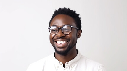 A joyful portrait of a Black man in glasses against a white backdrop.