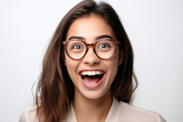 In this engaging portrait, a cheerful and satisfied woman with glasses exudes confidence against a pristine white background. Her happiness is palpable in her bright smile.