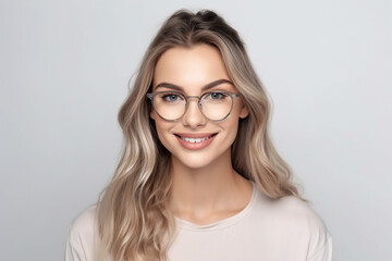 Obraz premium A captivating portrait of a content and confident woman, stylishly wearing glasses, set against a clean white background. Her satisfaction shines through in her radiant expression.