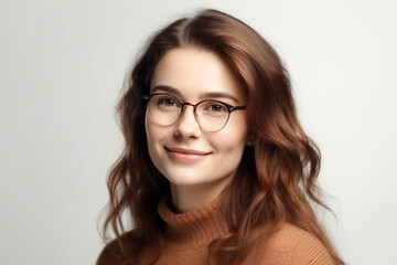 A captivating portrait of a content and confident woman, stylishly wearing glasses, set against a clean white background. Her satisfaction shines through in her radiant expression.