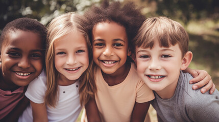 Obraz premium A heartwarming portrait capturing a group of diverse, cheerful, and happy children of various ethnic backgrounds enjoying outdoor activities together.