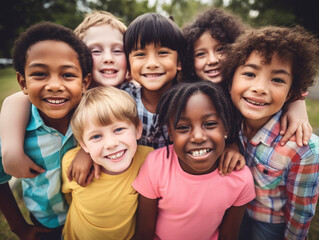 An uplifting portrait featuring a multicultural group of children, radiating joy and happiness while enjoying outdoor fun and activities together.