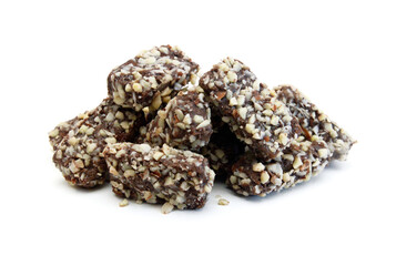 Almond butter chocolate bar candy isolated in bowl on white 