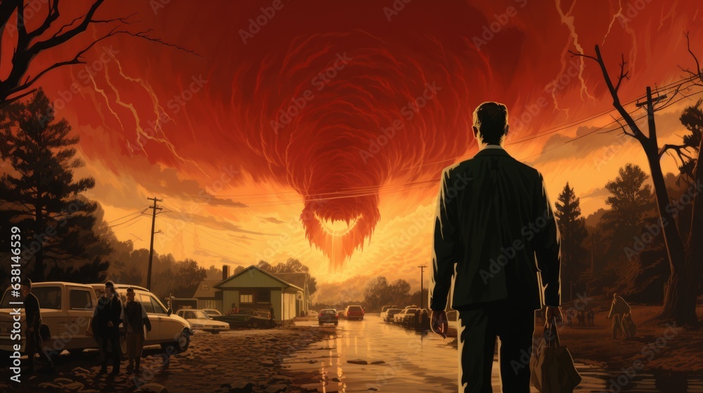 Canvas Prints The man is standing in front of a red cloud resembling monster head, AI