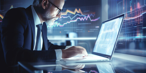 Fototapeta premium Mature businessman working on laptop in futuristic system control office.