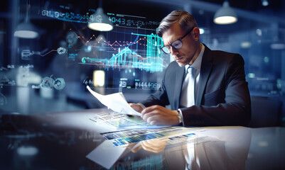 Mature businessman checking paperwork while working in office. Data, business and technology concept.