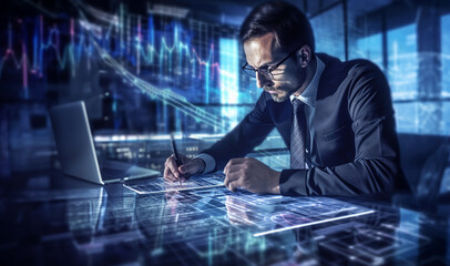 Mature businessman with pen writing some information over digital hologram table in futuristic office.