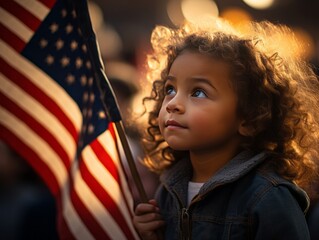 A child gazes at a United States flag, a symbol of dreams and aspirations