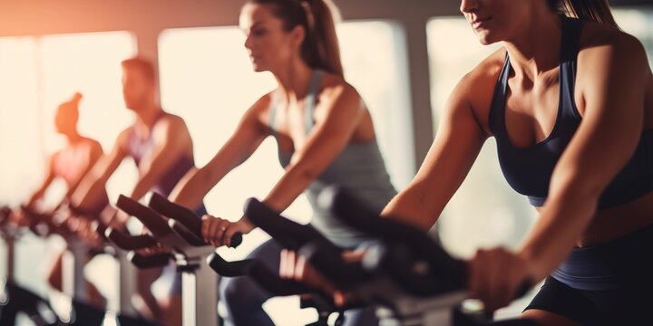 Cycling class in fitness club, group of fit people spinning on exercise bike machines.