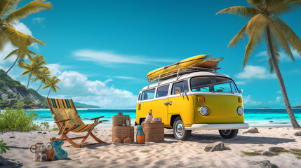 Ready for summer travel. yellow camper van with deck chair and beach accessory