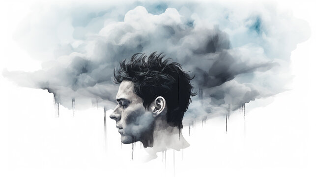 Person with a dark cloud over the head, concept of depression, anxiety, worry