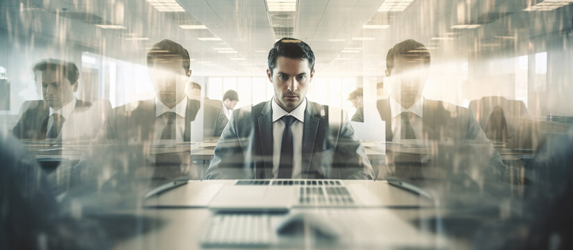 The businessman sitting at his desk in the office and deeply thinking about business problems.
